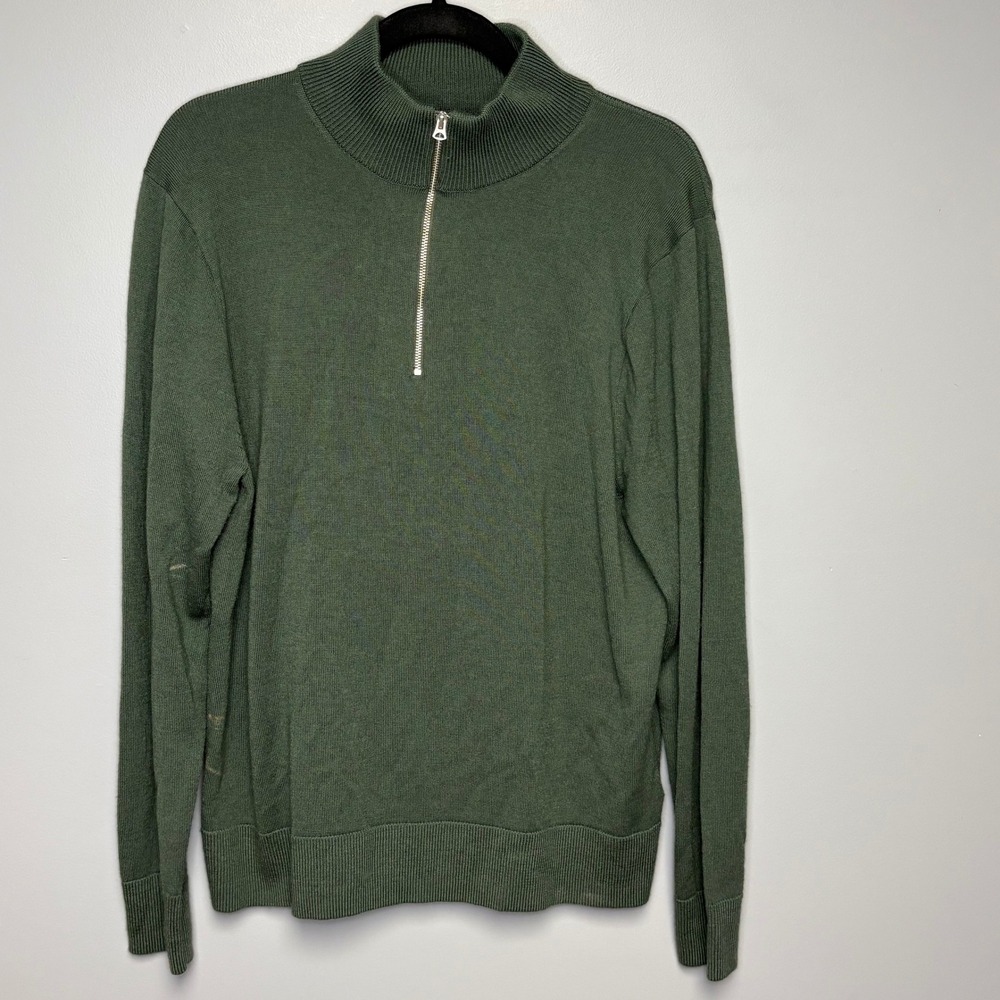 J. Crew Olive Green Merino Wool Blend 1/2 Zip Lightweight Dad Sweater Mens Sz L